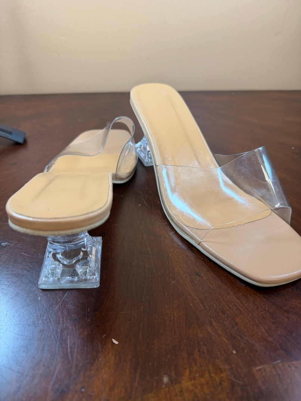 Nude Clear Strap Square Toe Heeled‎ Sandals